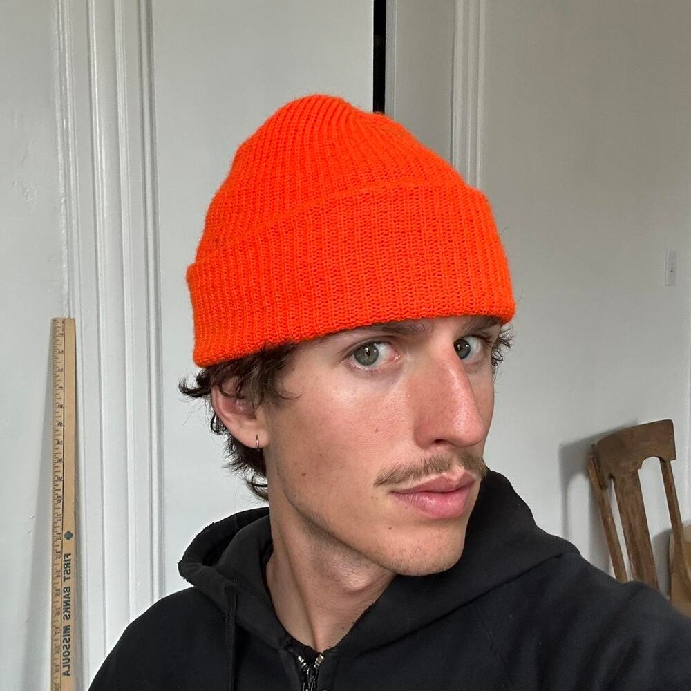 Vintage 70s Retro Bright Neon Orange Knit Ski Beanie Cuffed Winter Hat